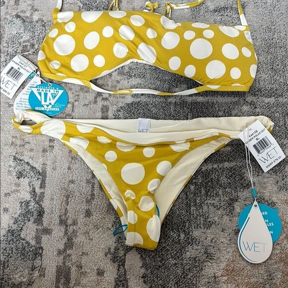 Yellow and White Polka Dot Bikini Swimwear - Picture 5 of 10